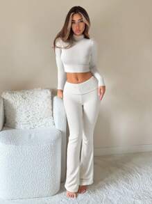 SHEIN ICON Conjunto de 2 piezas de suéter de cuello alto y pantalones de cintura alta para mujer