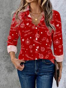 EMERY ROSE Blusa feminina vermelha completa de feliz ano novo - Vermelho - Ver 4