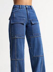 SHEIN ICON Multiple Pockets Cargo Straight-Leg Women's Jeans - Dark Wash - View 6