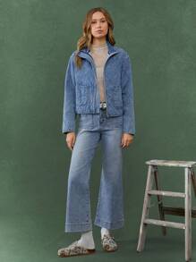 WESTFADE Quilted Zip Up Denim Jacket - Blue - View 2