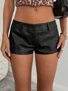 Aloruh 女士性感复古图案 PU 皮革超短迷你短裤 - 黑色 - 查看 1