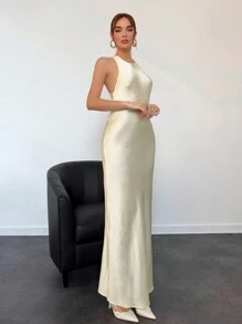 Aloruh 香槟色缎面交叉后背扭纹细节露背女式连衣裙 - 黃色 - 查看 4