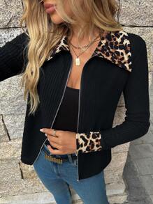 SHEIN Clasi Women's Elegant Casual Leopard Contrast Collar Zip Up Black Lightweight Summer Jacket
