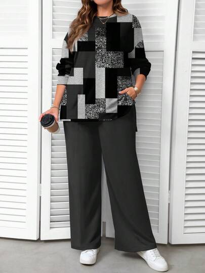 EMERY ROSE Plus Size Casual Minimalist Allover Geometryczny Wzór Nadrukowany Zestaw Bluzkowy Jesień/Zima