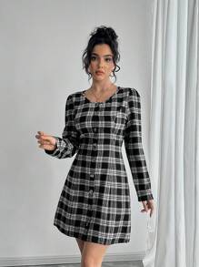 SHEIN Unity 女士格纹圆领长袖单排扣短款休闲连衣裙，秋季 - 黑色 - 查看 4