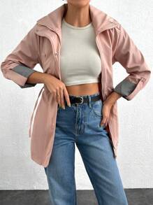 RueChic Roll Tab Sleeve Drawstring Waist Hooded Coat - Pink - View 4