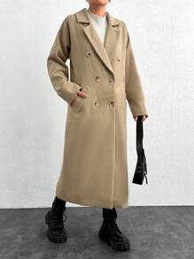 SHEIN Cottnline Women's Notched Collar Solid Color Double-Breasted Pocket Long Overcoat, Autumn/Winter - Beige - View 5