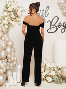 Loomaby Maternity Off-Shoulder Solid Color Jumpsuit, Casual Daily Wear, For Baby Shower Party