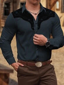 Manfinity Homme Camisa de manga larga de corte holgado con estampado floral para hombre