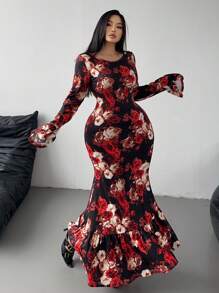 Flirla Women's Elegant Black And White Rose,Heart,Polka Dot,Love,Lip,Cupid 3D Flower Print Ruffle Hem Cinched Waist Long Sleeve Dress,Autumn Party - Black - View 4
