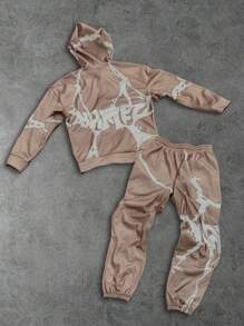 Manfinity EMRG Men Zip Front Pocket Hoodie And Pants Set, Casual Sweatsuit - Khaki - View 2