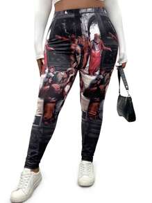 Flirla Plus Size Women Figure Printed Elastic Waist Casual Leggings