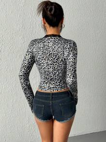 INAWLY Camiseta casual de mujer con contraste de encaje y estampado de leopardo/guepardo