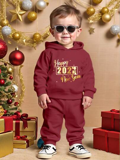 Bebê Meninos Feliz Ano Novo Moda Confortável Versátil Moletom Com Capuz E Calça Conjunto De Roupa De Natal