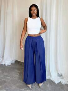 BamGleam Calça casual feminina lisa com bolso na cintura elástica, uso diário - Azul - Ver 4
