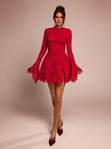 SHEIN BAE Vestito rosso monocolore sexy minimalista, con maniche lunghe, colletto alto, aderente, con ruches in pizzo, schiena aperta e design forato sulla schiena, adatto per cocktail festa, appuntamenti romantici, vestito sottoveste per autunno/inverno, feste, eventi formali, uscite serali, abiti da ospite di matrimonio, costumi di Ognissanti, abiti natalizi - Rosso - Visualizzare 5