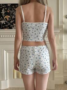 SHEIN Teen Girls 2pcs Set Adjustable Strap Crop Top And Shorts, Clean Girl Style, Ditsy Floral, Cute, Sweet, Comfortable, Casual, Suitable For Spring/Summer, New Year