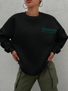 SHEIN PETITE 女式掉肩運動衫,綴有字母印花 - 黑色 - 查看 1