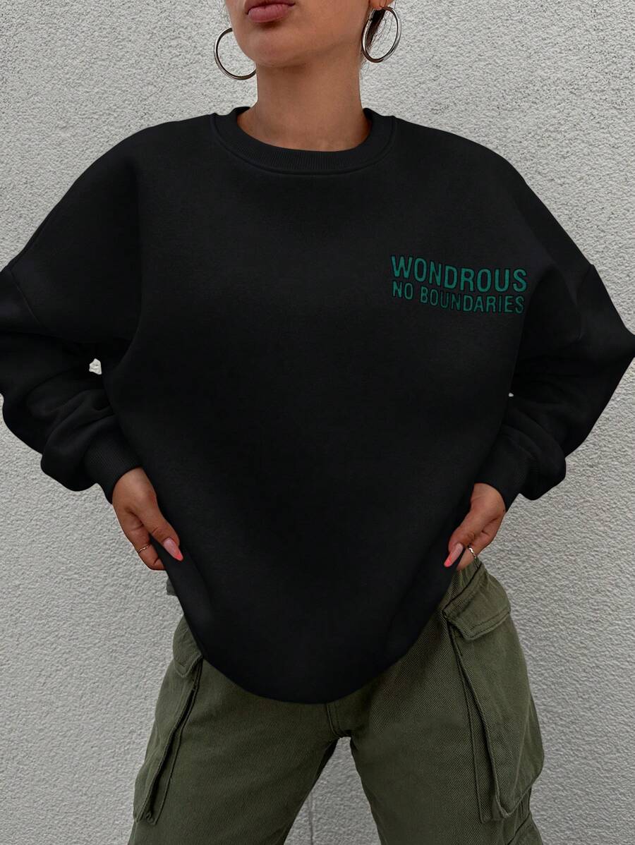 SHEIN PETITE 女式掉肩運動衫,綴有字母印花 - 黑色 - 查看 1