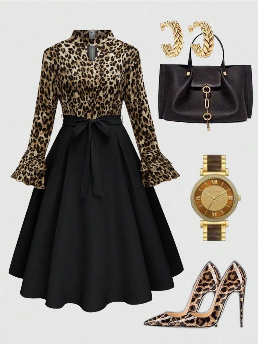 SHEIN Clasi Women's Leopard Print Keyhole Collar Flare Sleeve Midi Dress, Elegant Maxi Women Outfit
