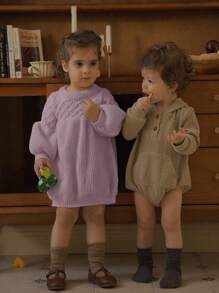 SHEIN Baby Girl Pumpkin Hem Pumpkin Lantern Sleeve Sweater Dress, Round Neck