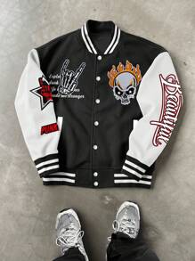 Manfinity EMRG 超大号男士卡通字母印花拼色条纹边饰运动夹克，外出街头装图案棒球长袖夹克，适合朋友、丈夫、男朋友的礼物 - 彩色 - 查看 1