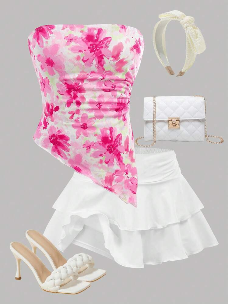 Girlism Conjunto de 2 peças para Adolescentes, Cropped com Estampa Floral e Babados e Saia Assimétrica Camadas, Rosa e Branco - Rosa chiclete - Visão 10