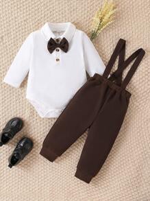 Souflis Souflis 2pcs Baby Boy Collegiate Gentleman French Retro Style Suspender Pants Set, Suitable For Autumn - Coffee Brown - View 3