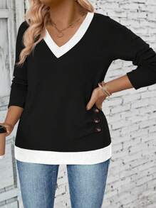 INAWLY 大码女式撞色 V 领休闲 T 恤，简约时尚日常穿着 - 彩色 - 查看 5