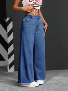 SHEIN PETITE Women's Front Button Pocket Simple Denim Jeans, Casual Everyday Wear