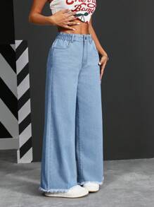 SHEIN PETITE Women's Loose Fit Wide Leg Casual Jeans With Pockets, Versatile