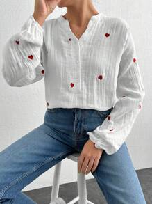 Cottnline Heart Print Lantern Sleeve Blouse - White - View 8