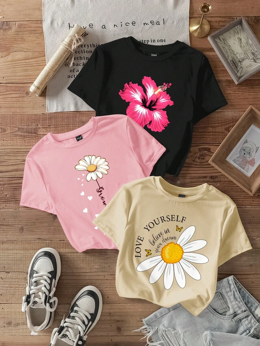 SHEIN EZwear 3 件套休闲简约花卉印花圆领短袖紧身短款女式 T 恤，夏季 - 彩色 - 查看 1
