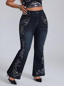 SHEIN ICON Plus Size Rhinestone Floral Print Stretch Denim Flare Pants