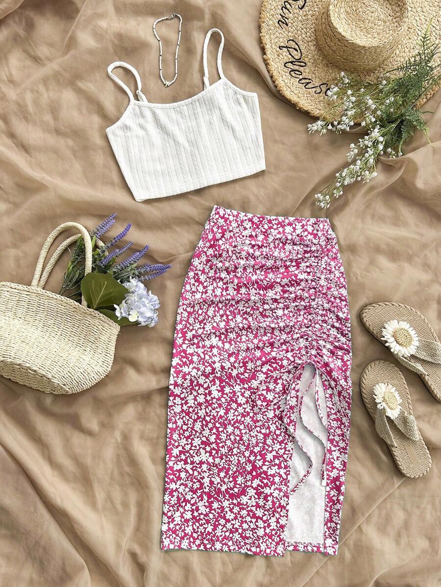 Soleia Bộ 2 món đồ đi nghỉ mát, gồm áo tank top và chân váy họa tiết hoa, thích hợp mặc thường ngày. - Đỏ - Xem 1