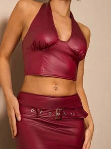 Glamine Conjunto de 2 piezas de top corto de cuello en V elástico y sexy de piel sintética burdeos + falda ajustado con hebilla de cinturón de piel para mujer, ropa nueva para Año Nuevo, ropa para el Día de San Valentín - Burdeos - Ver 5