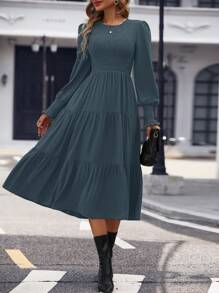 SHEIN Clasi Women Crew Neck Long Sleeve Pleated Simplistic Casual Dress Maxi Women Outfit