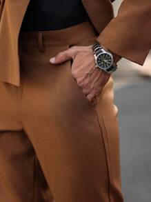 Manfinity Mode Solid Color Double-Breasted Long Sleeve Suit Jacket And Pockets Suit Pants, 2 Pieces Suit - Coffee Brown - View 5