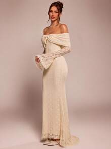 SHEIN BAE 女士优雅露肩白色蕾丝长袖美人鱼连衣裙，适合婚礼、派对、伴娘礼服 - 白色 - 查看 4