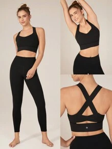 GLOWMODE FeatherFit™-Sculpt Full Coverage Side Support Wide Strap Crossover Sports Bra Light Support Low Impact Yoga Pilates Daily - Black - View 9