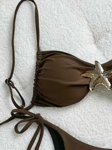 Casual Holiday Solid Color Spaghetti Strap Chest Stars Decor Women's Summer Bikini Swimwear Set