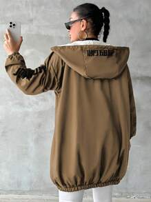 RueChic Plus Size Effen Kleur Voorkant Rits Lange Mouw Letter Print Minimalistisch Casual Hoodie
