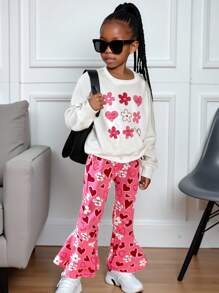 SHEIN Explorewe 2 Stücke Mädchen süß und niedlich Allround legere vielseitig Pendler-Stil Y2K Kreuz und Blume Muster Rundhals weißer Sweatshirt + komplett magenta Weite Hose Set, geeignet für Valentinstag, Feste, Alltag, Ausflüge, Familienfeste