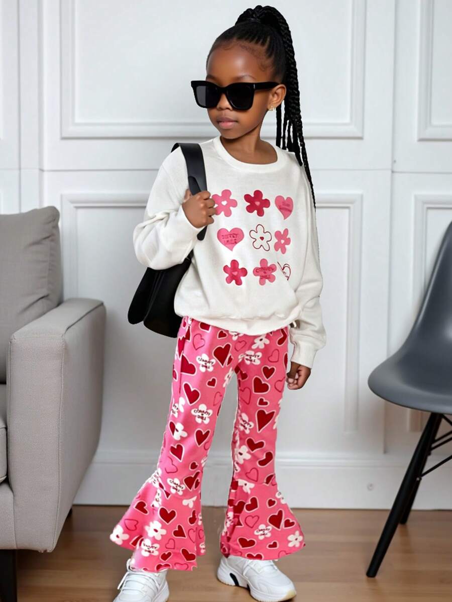 SHEIN Explorewe 2 Stücke Mädchen süß und niedlich Allround legere vielseitig Pendler-Stil Y2K Kreuz und Blume Muster Rundhals weißer Sweatshirt + komplett magenta Weite Hose Set, geeignet für Valentinstag, Feste, Alltag, Ausflüge, Familienfeste