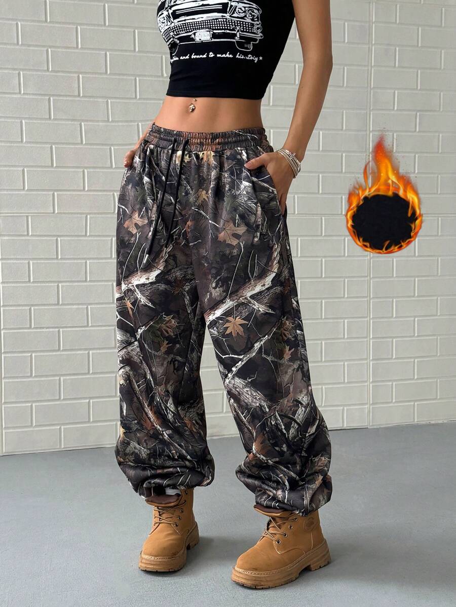 Lunelith SHEIN Lunessa Casual Versatile Dead Leaf Print Harem Pants, Street Style