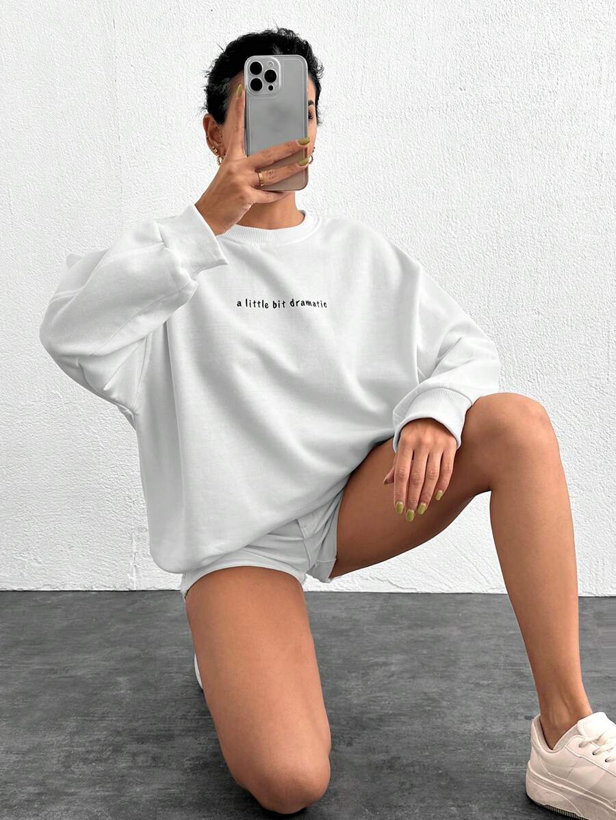 Cottnline 100%Cotton Letter Graphic Drop Shoulder Sweatshirt - White - View 1