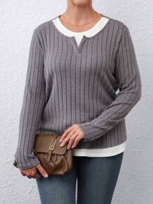 SHEIN LUNE Plus Size Women Ribbed Velvet Color Block Casual 2 In 1 T-Shirt For Autumn/Winter - Grey - View 3