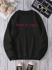INAWLY Women Casual Slogan Graphic Fleece Sweatshirt, Black, Autumn/Winter,Long Sleeve Tops