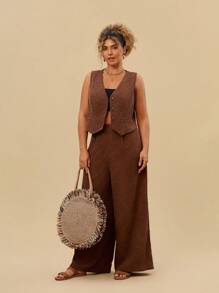 Travachic Plus Size 2pcs/Set Vest Cardigan And Wide Leg Pants Outfit