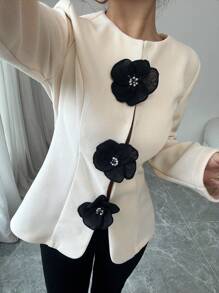 Chiquease Casual Versatile Solid Color Round Neck Floral Decorative Long Sleeve Women Jacket, Autumn/Winter Fall Cloth For Women - Apricot - View 5